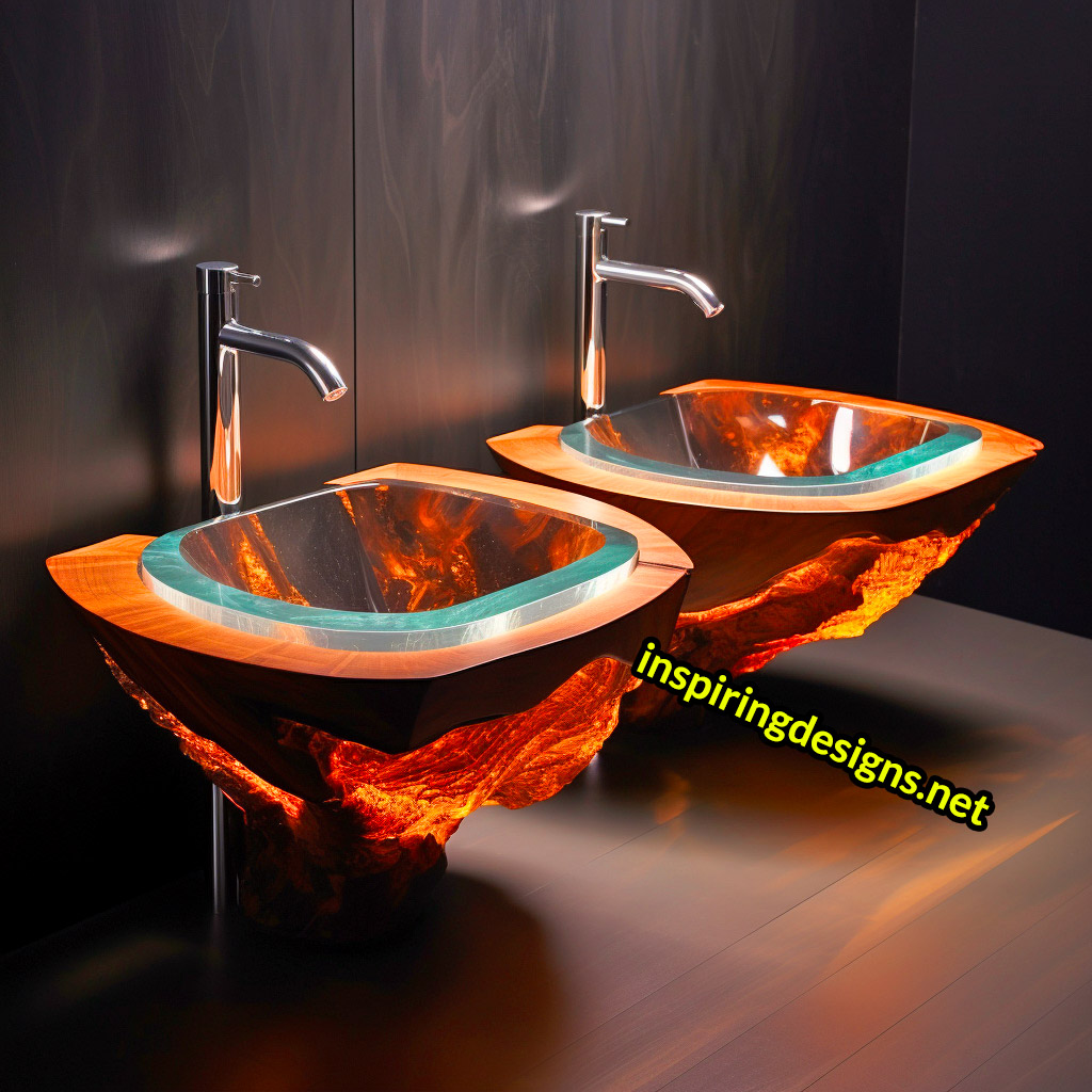 Ultra Luxury Bathroom Counters Made from Wood, Crystal, and Epoxy - Double sinks