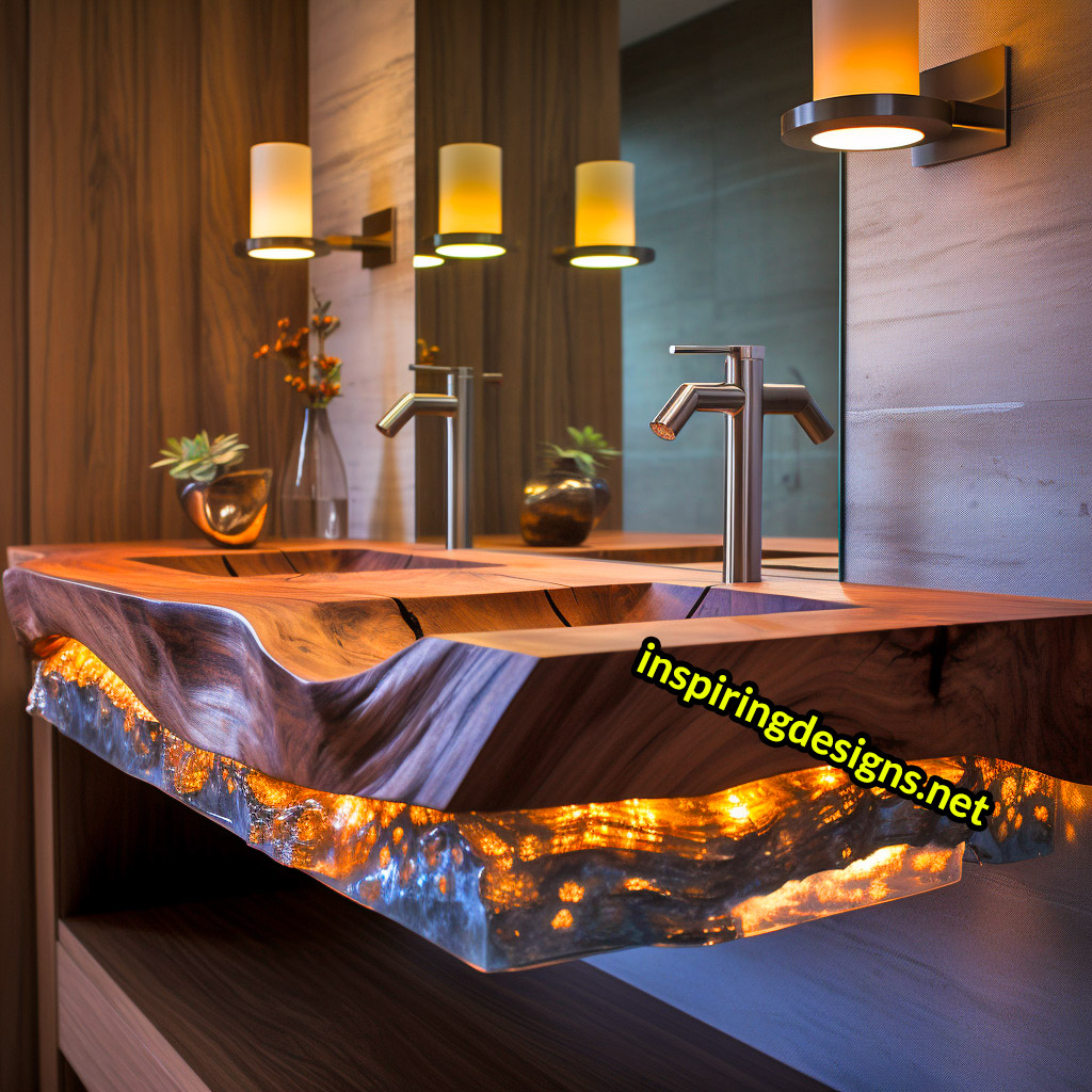 Ultra Luxury Bathroom Counters Made from Wood, Crystal, and Epoxy - Double sinks