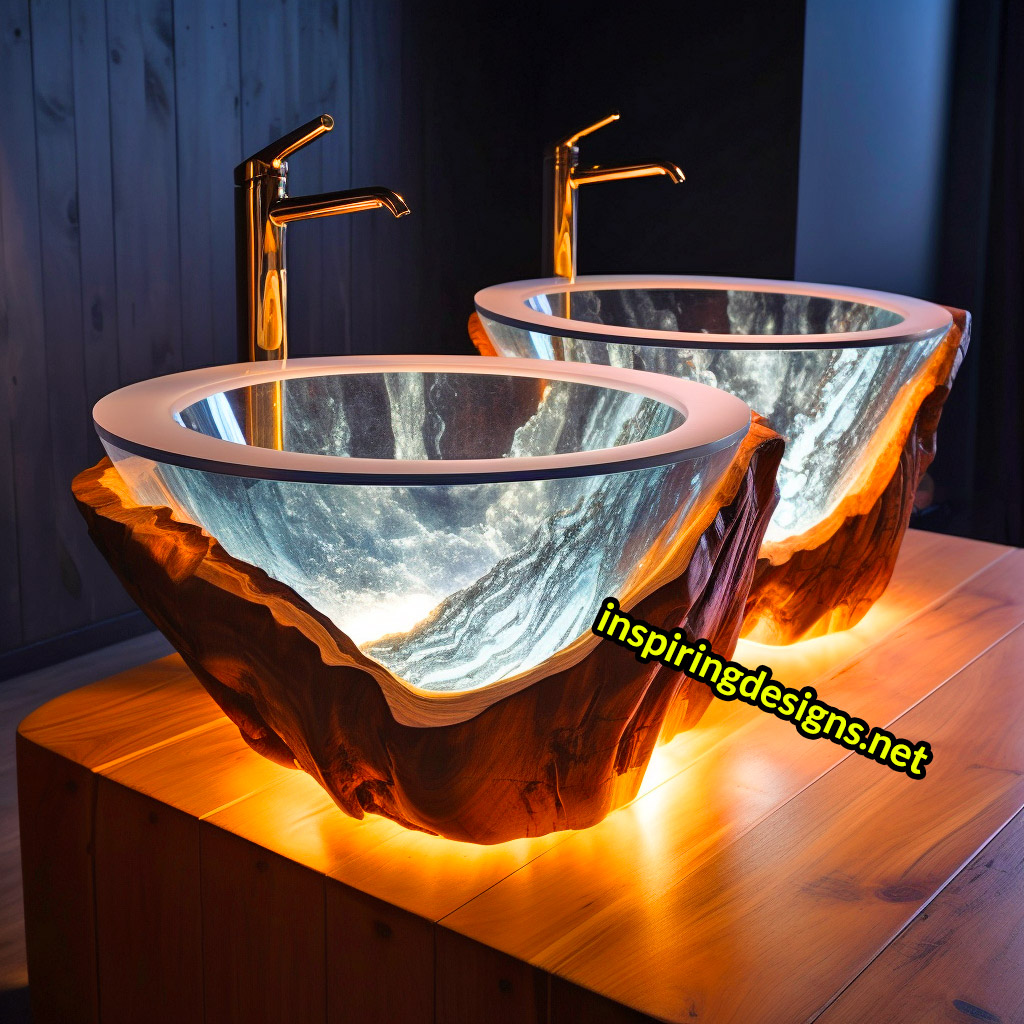 Ultra Luxury Bathroom Counters Made from Wood, Crystal, and Epoxy - Double sinks