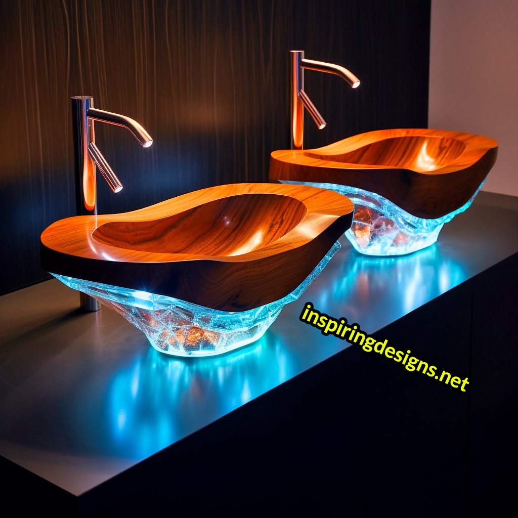 Ultra Luxury Bathroom Counters Made from Wood, Crystal, and Epoxy - Double sinks