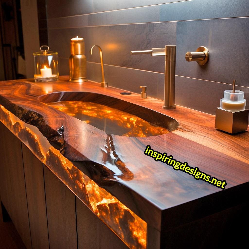 Ultra Luxury Bathroom Counters Made from Wood, Crystal, and Epoxy - Double sinks