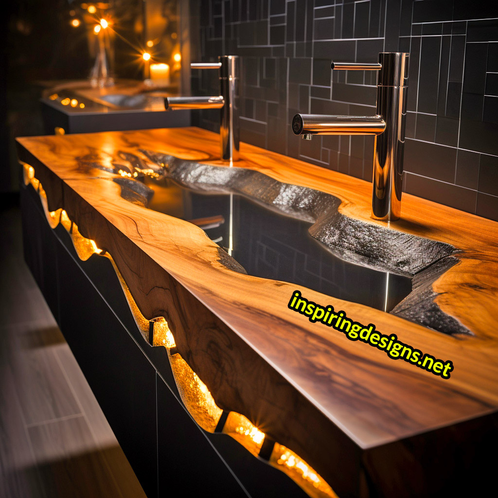 Ultra Luxury Bathroom Counters Made from Wood, Crystal, and Epoxy - Double sinks