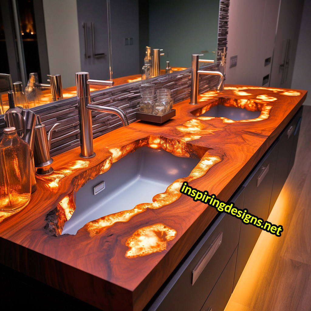 Ultra Luxury Bathroom Counters Made from Wood, Crystal, and Epoxy - Double sinks