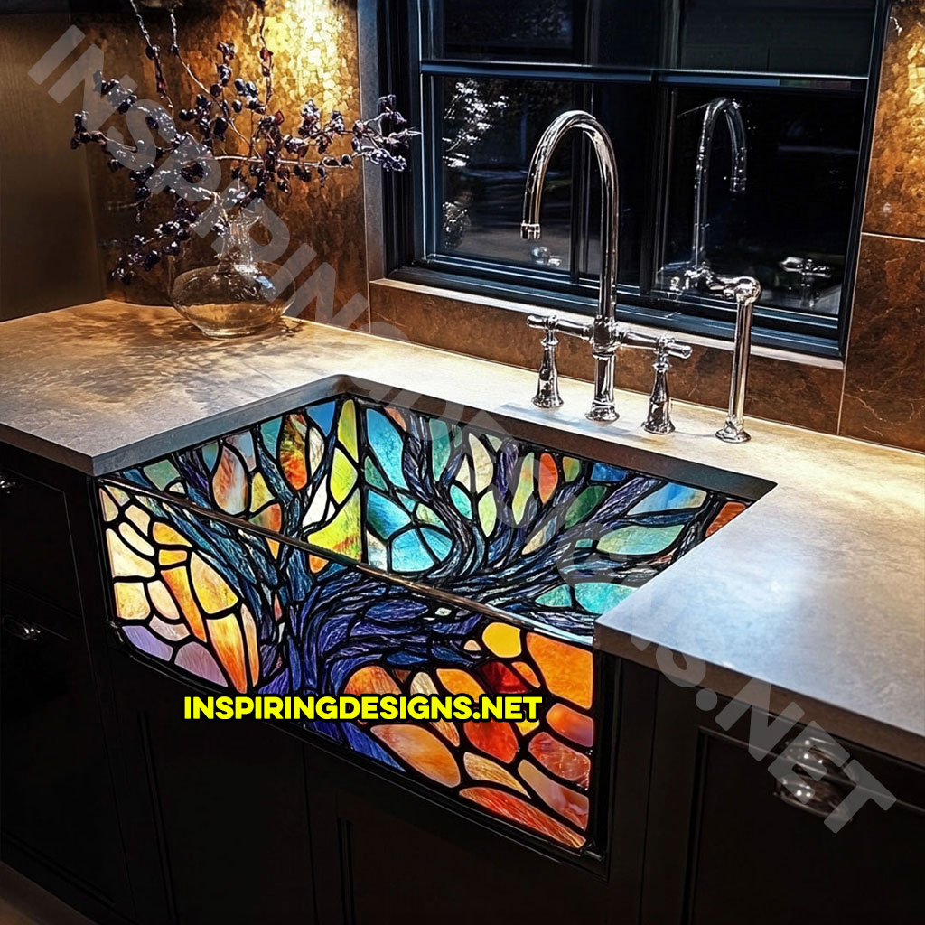 multi-color stained glass farmhouse kitchen sink in a tree design