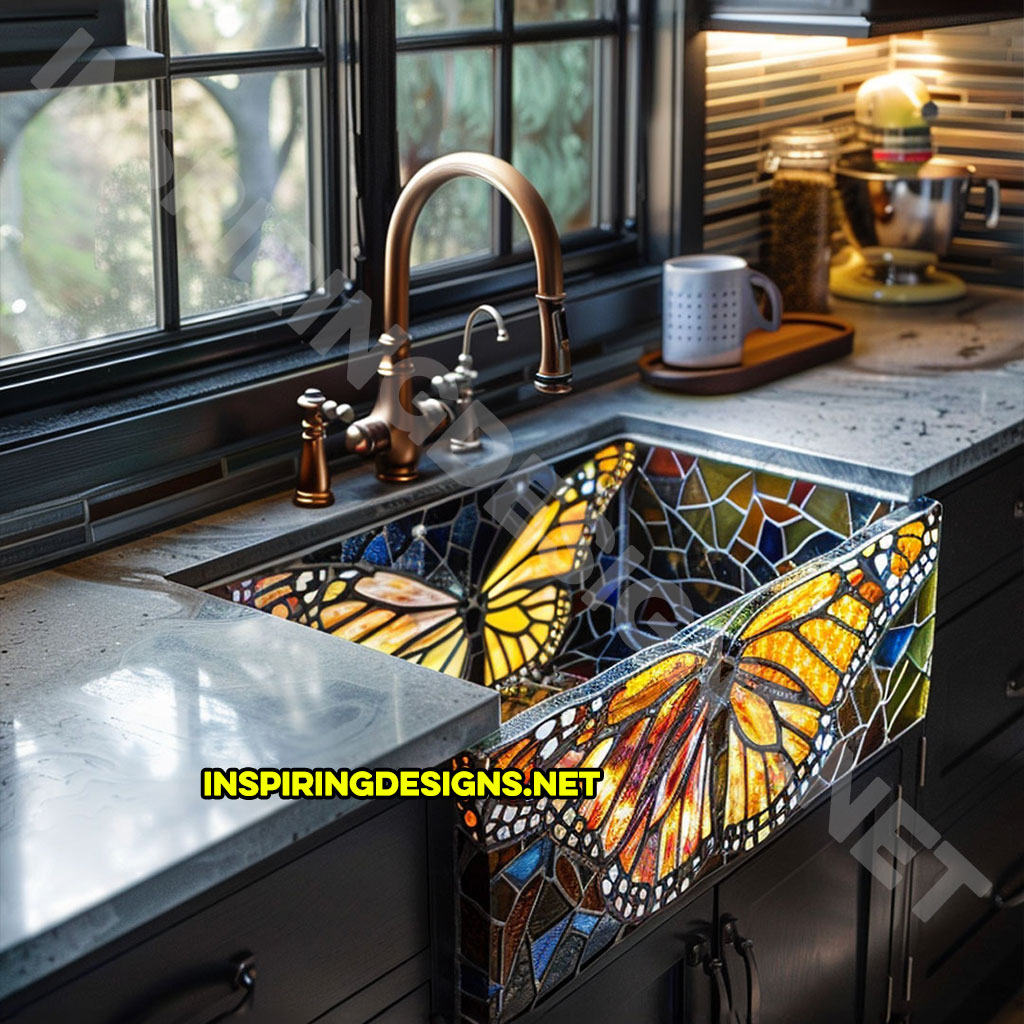 orange and yellow stained glass kitchen sink in a monarch butterfly design