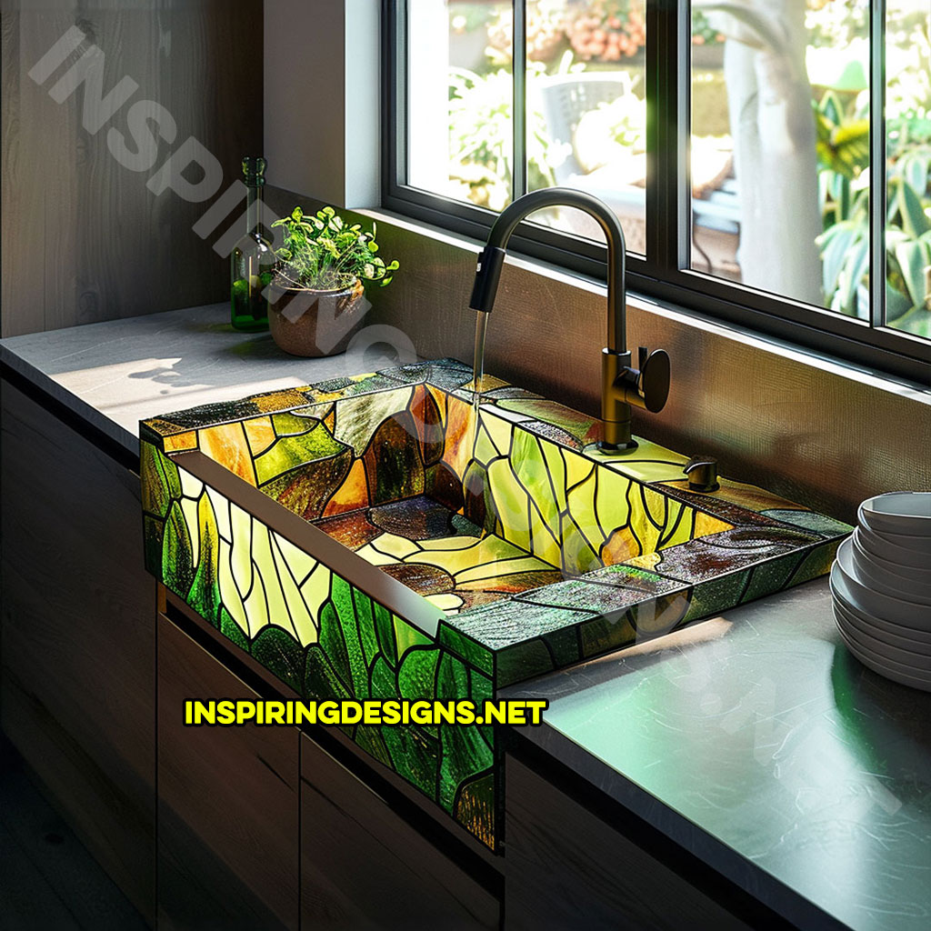 green stained glass kitchen sink in a nature design