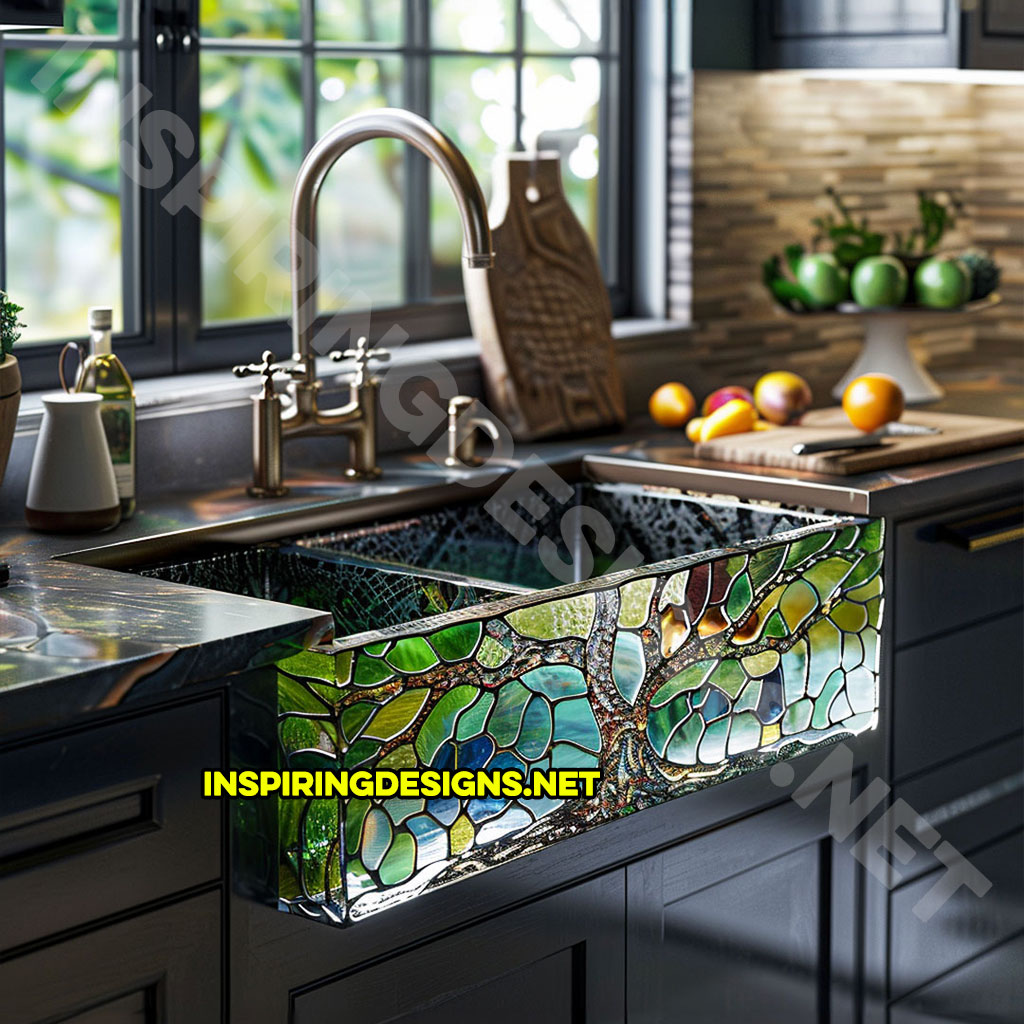 green and blue stained glass kitchen sink in a tree design