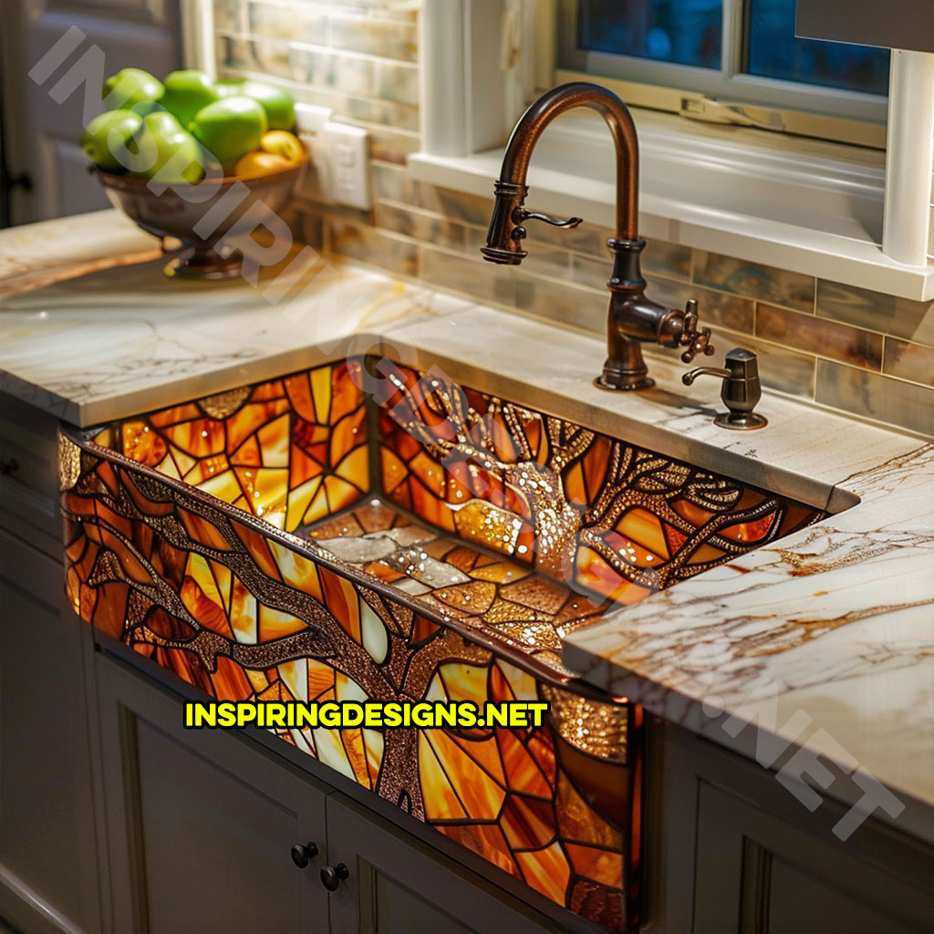 red, orange, and brown stained glass kitchen sink in a tree design