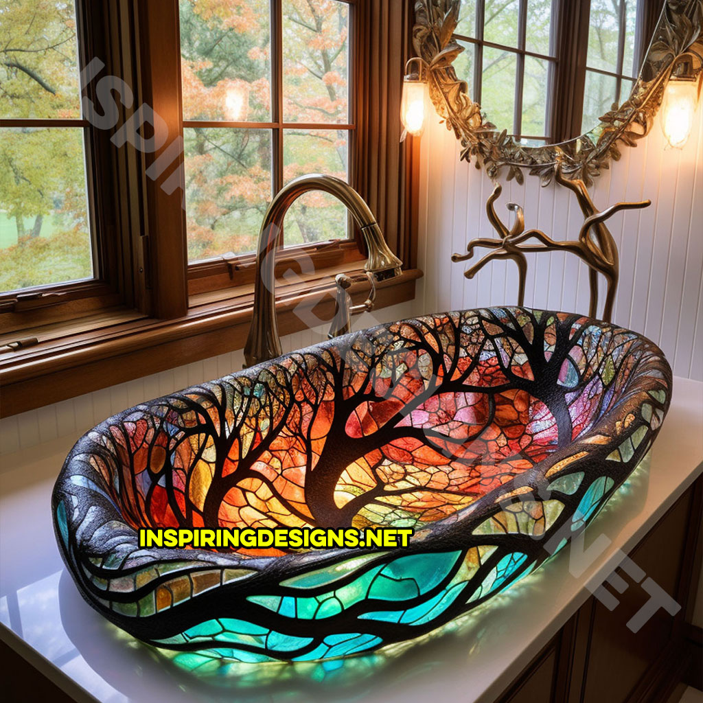 red and blue stained glass bathroom sink in a tree design