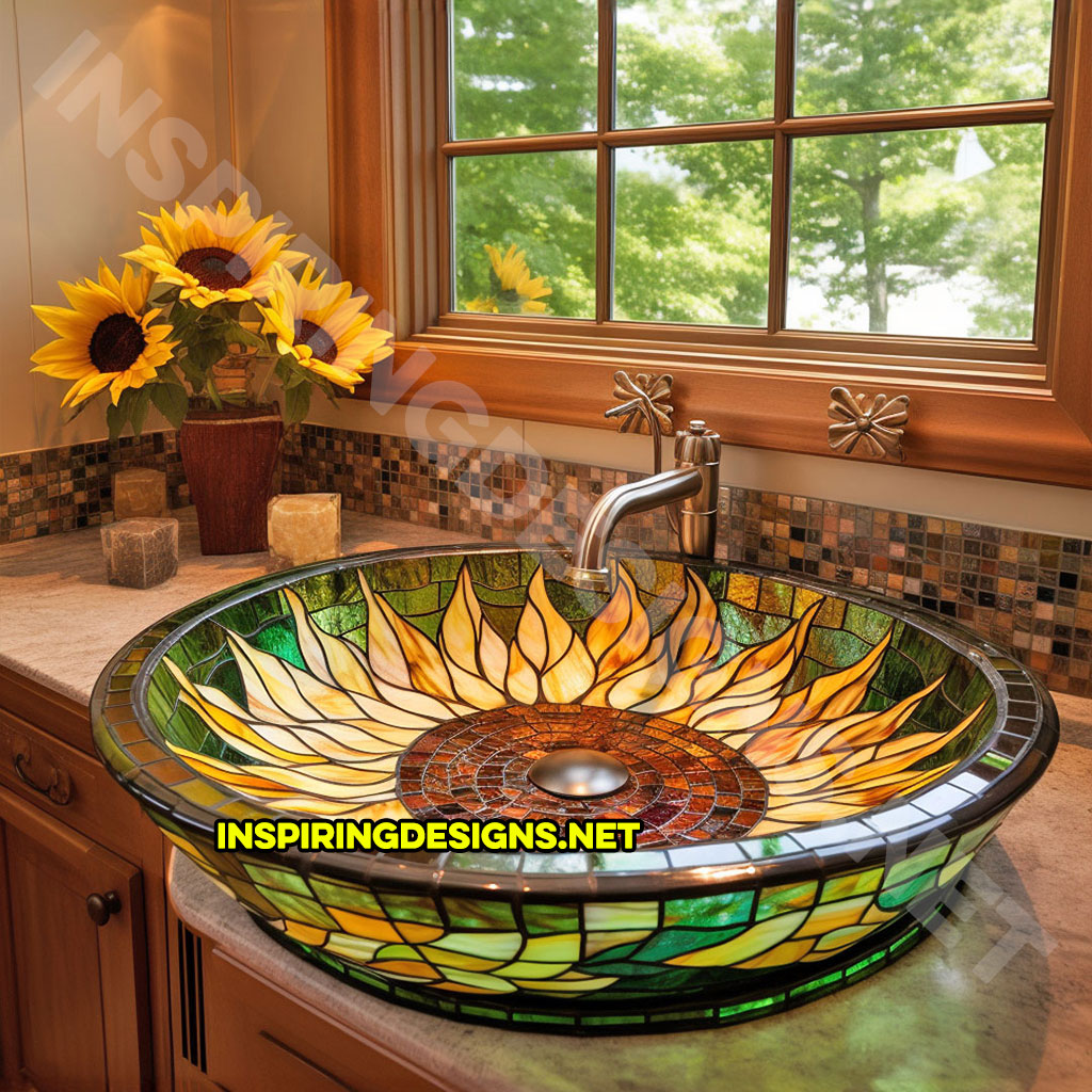 yellow and green stained glass bathroom sink in a sunflower design