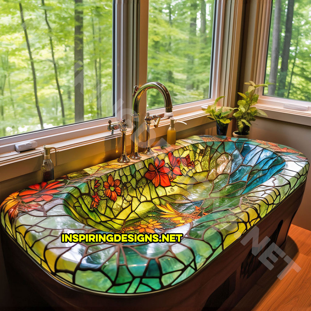 green, red, and blue stained glass bathroom sink in a nature and leaf design