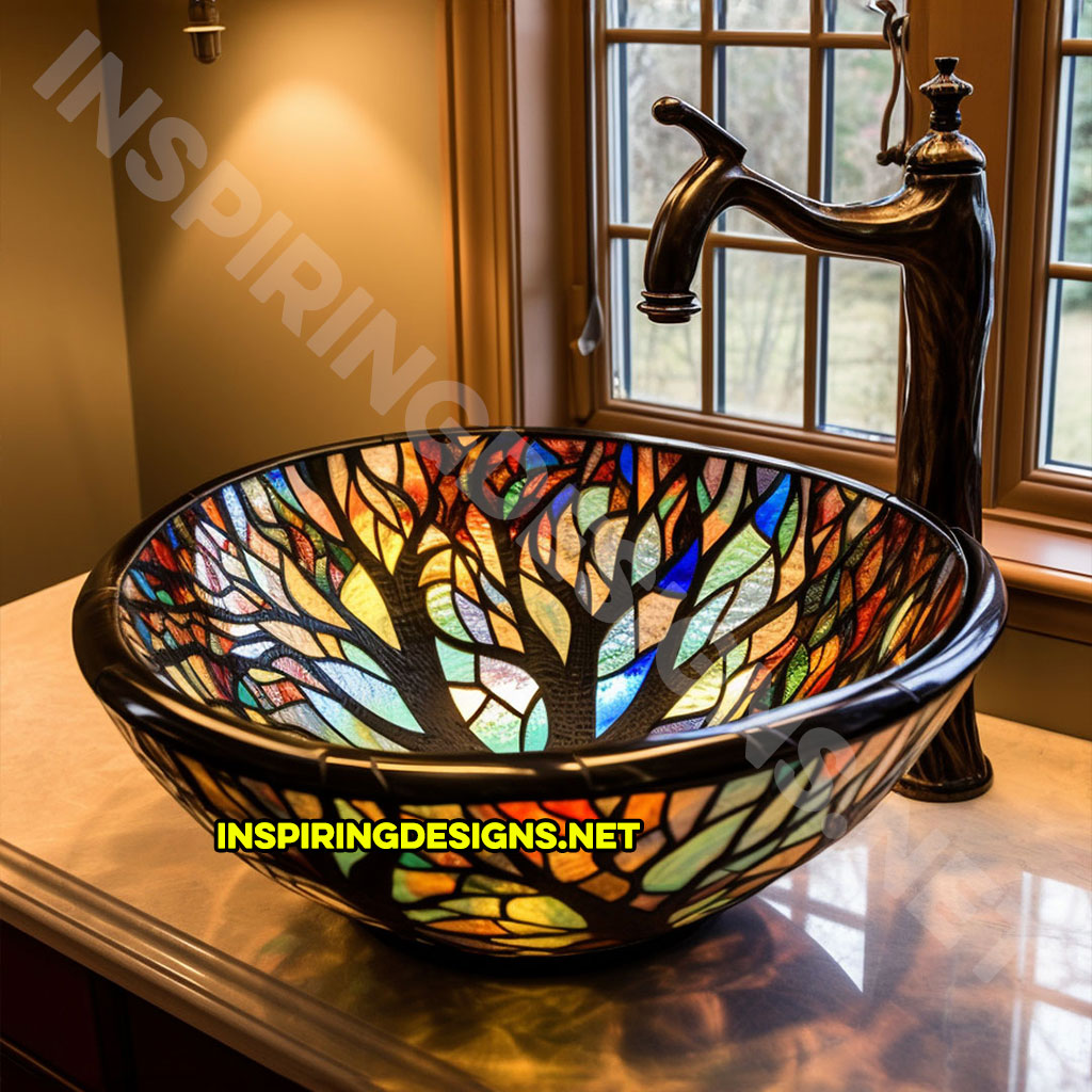 multi-color stained glass vessel bathroom sink in a mosaic tree design