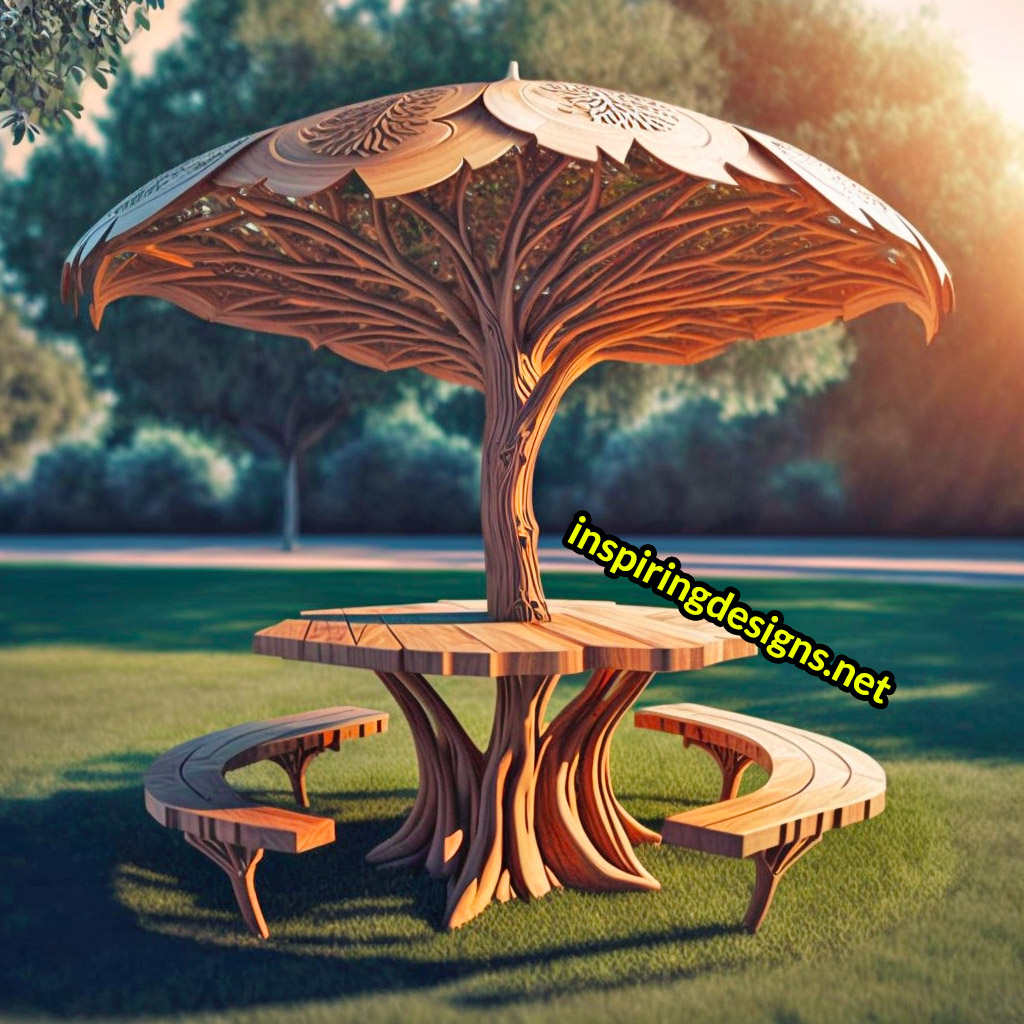 Tree and Mushroom Shaped Picnic Table and Umbrella Sets