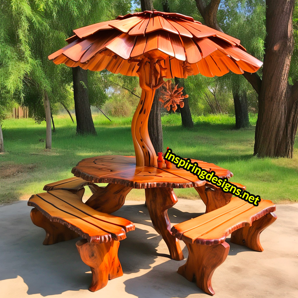 Tree and Mushroom Shaped Picnic Table and Umbrella Sets