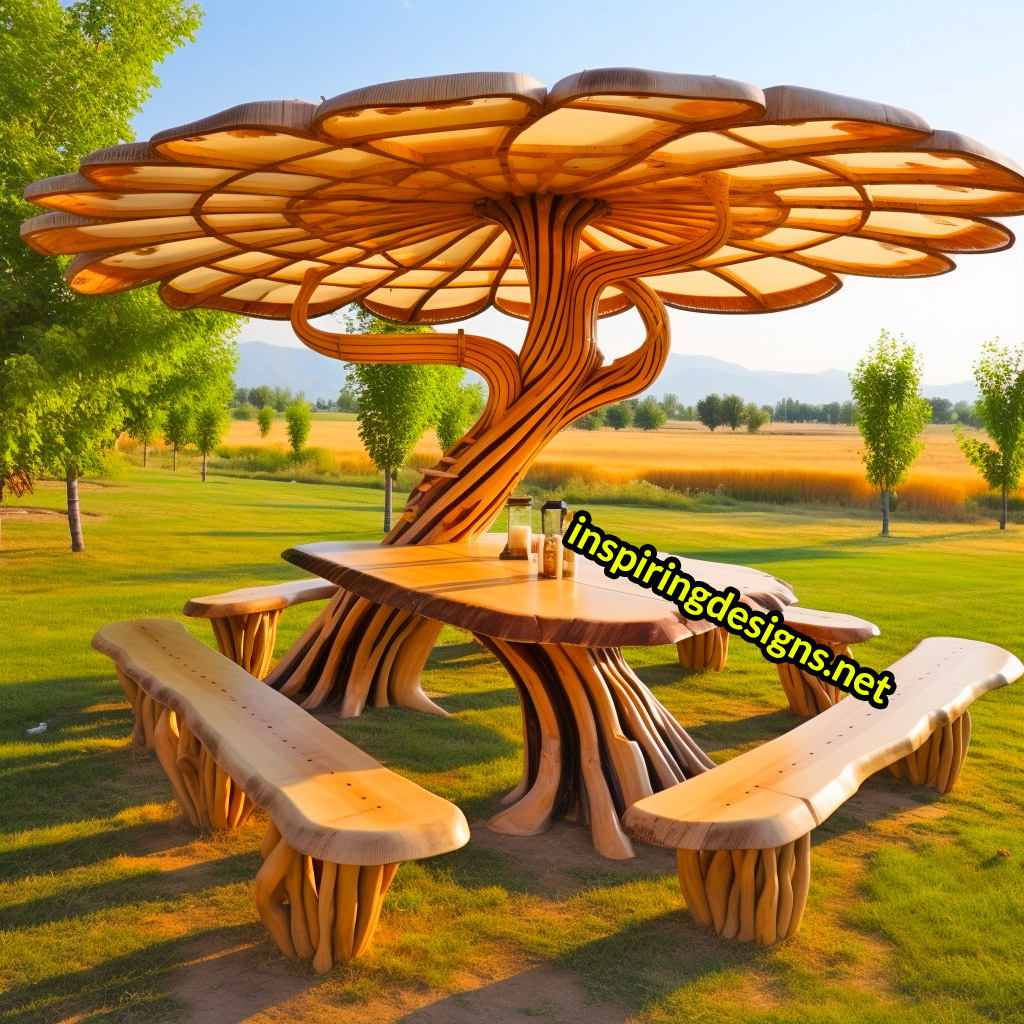 Tree and Mushroom Shaped Picnic Table and Umbrella Sets