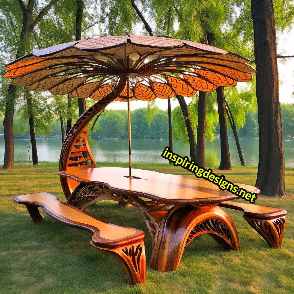 Tree and Mushroom Shaped Picnic Table and Umbrella Sets