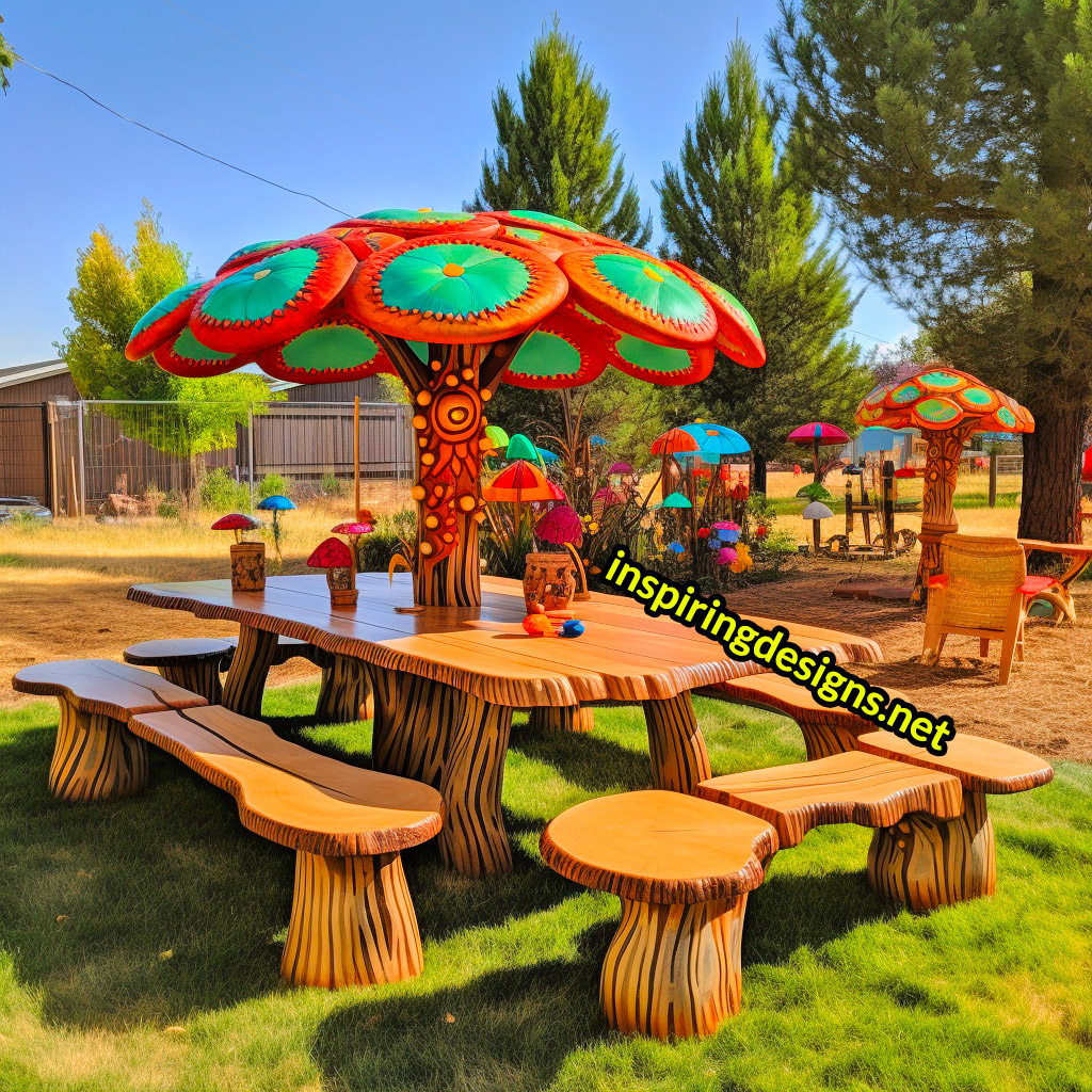 Tree and Mushroom Shaped Picnic Table and Umbrella Sets