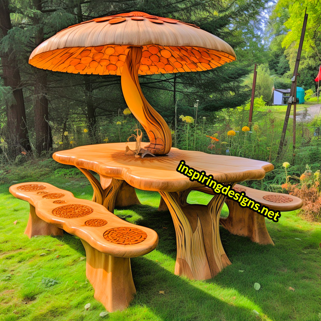 Tree and Mushroom Shaped Picnic Table and Umbrella Sets