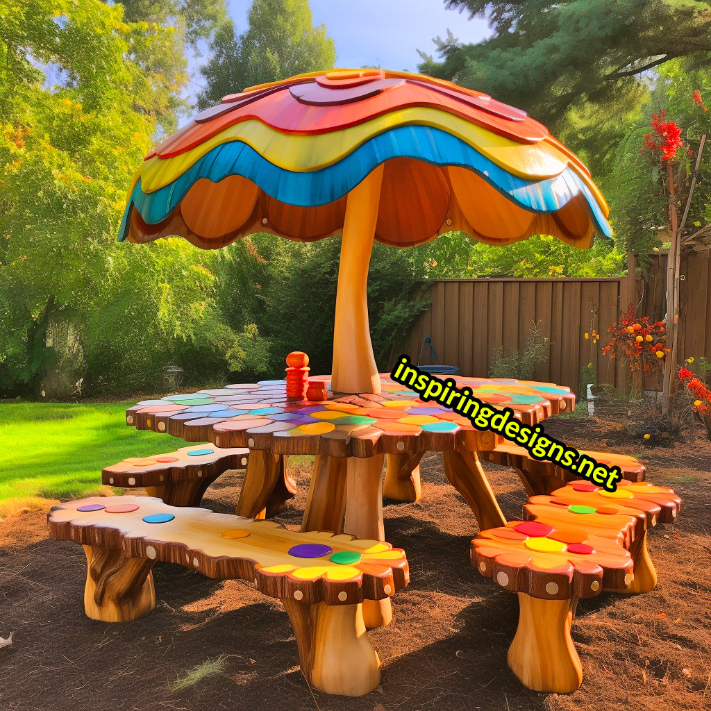 These Tree and Mushroom Shaped Picnic Table and Umbrella Sets