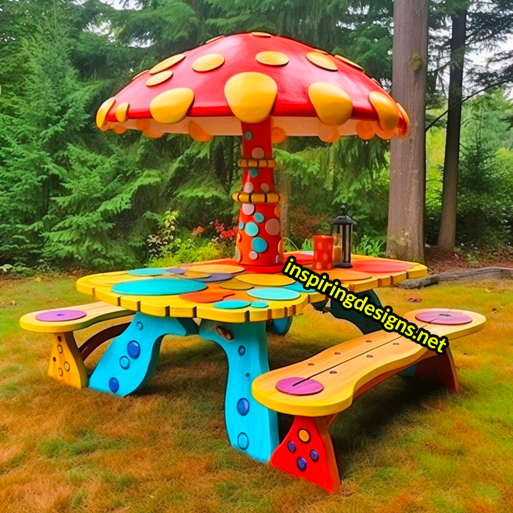 Tree and Mushroom Shaped Picnic Table and Umbrella Sets