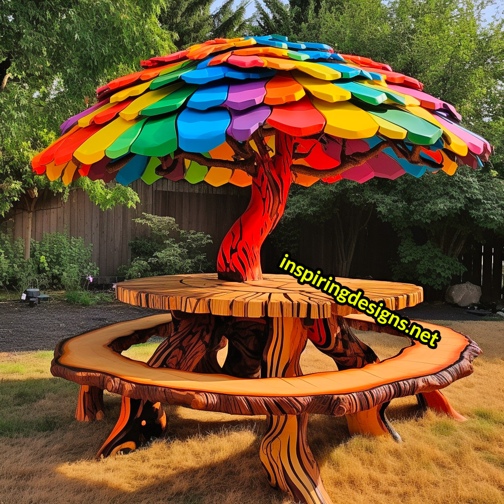 These Tree and Mushroom Shaped Picnic Table and Umbrella Sets