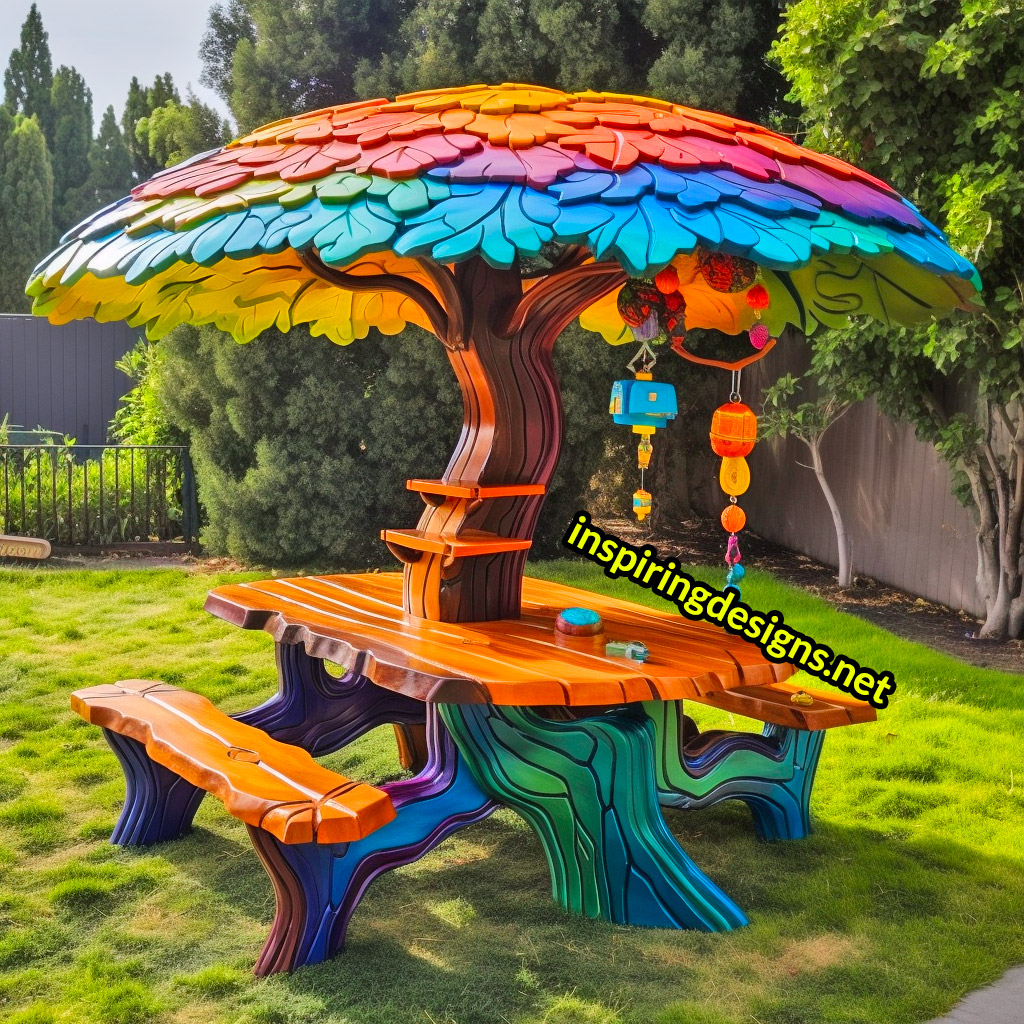 Tree and Mushroom Shaped Picnic Table and Umbrella Sets