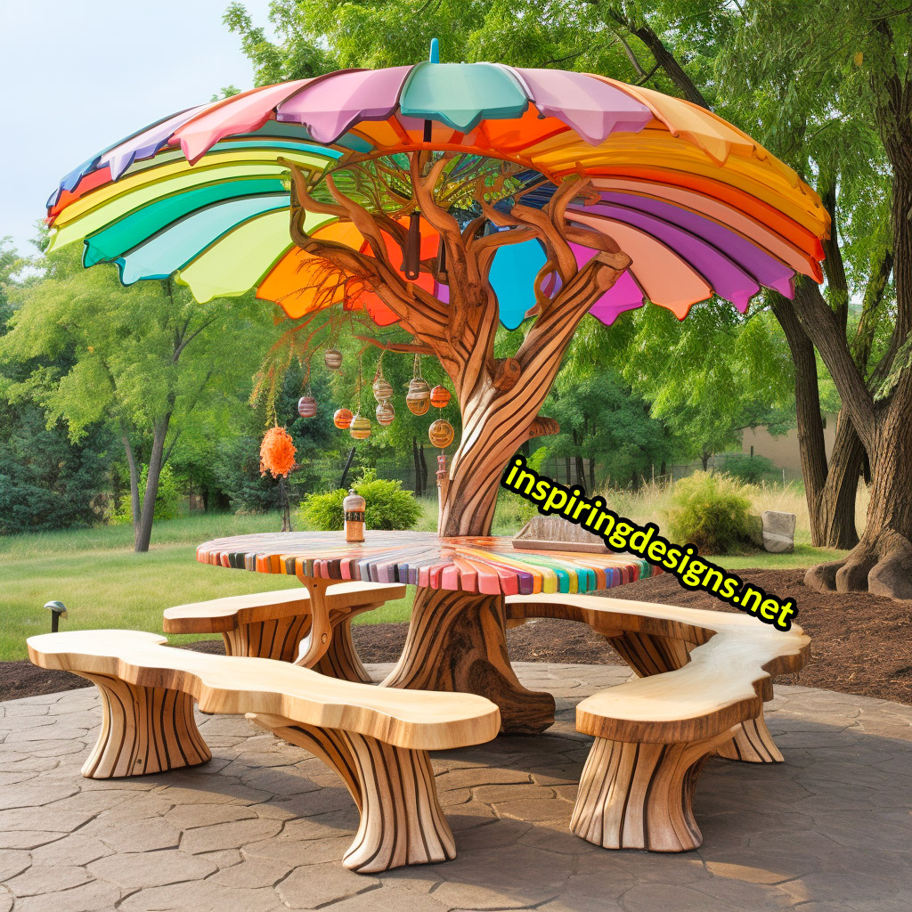 Tree and Mushroom Shaped Picnic Table and Umbrella Sets