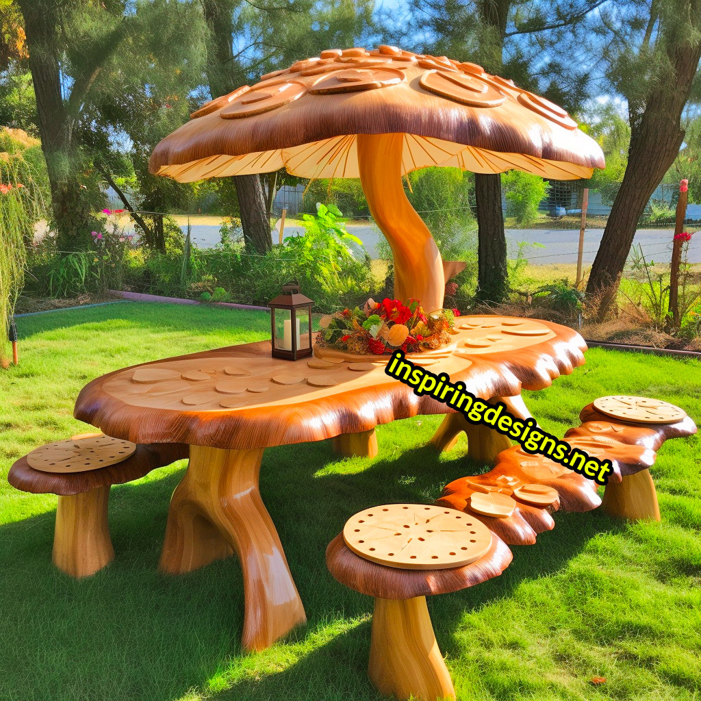 Tree and Mushroom Shaped Picnic Table and Umbrella Sets