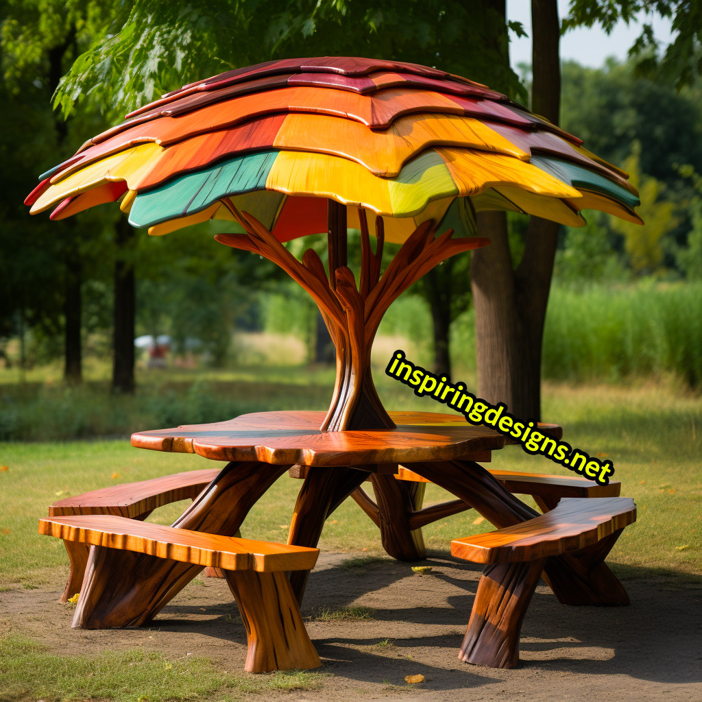 Tree and Mushroom Shaped Picnic Table and Umbrella Sets