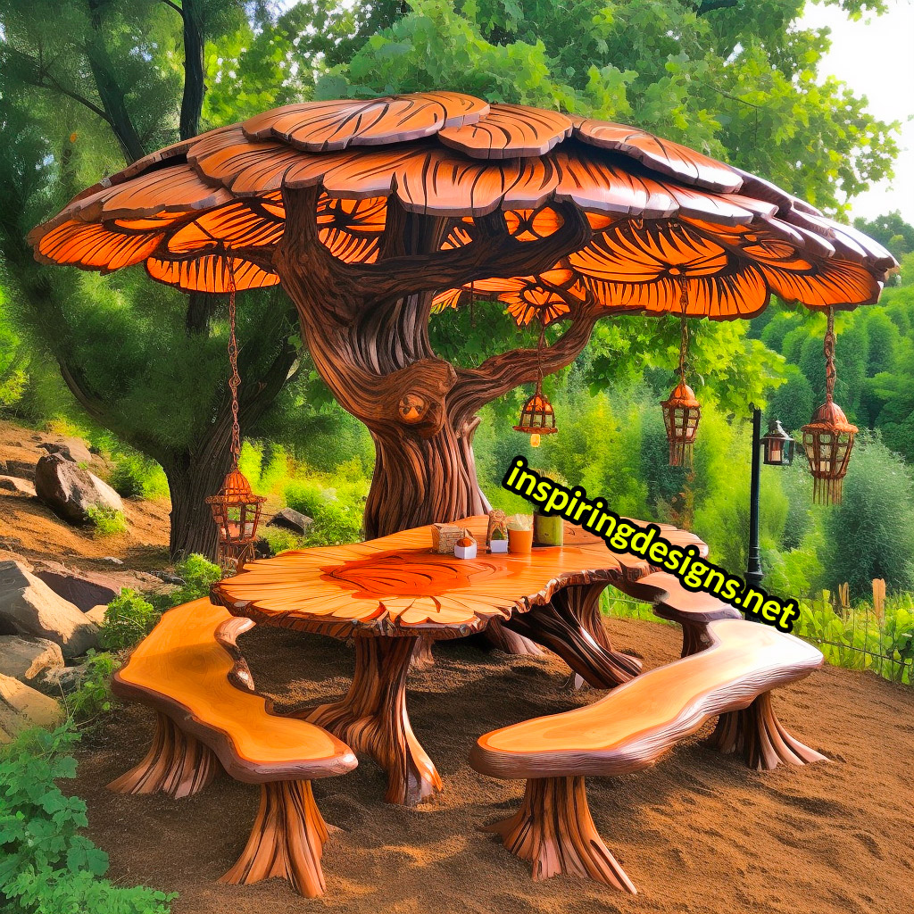 Tree and Mushroom Shaped Picnic Table and Umbrella Sets