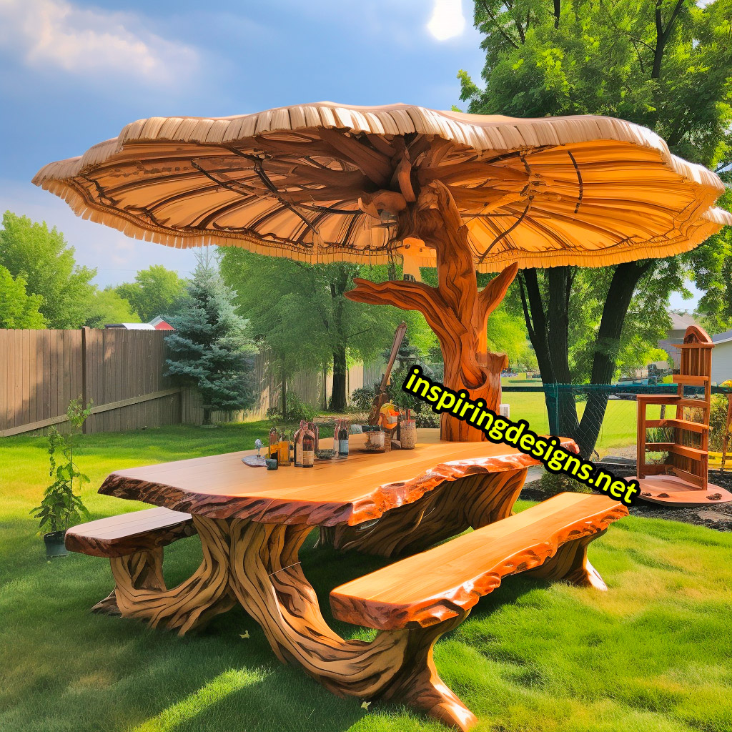 Tree and Mushroom Shaped Picnic Table and Umbrella Sets