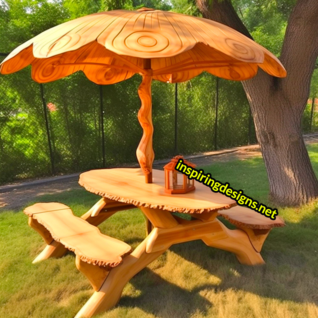 Tree and Mushroom Shaped Picnic Table and Umbrella Sets