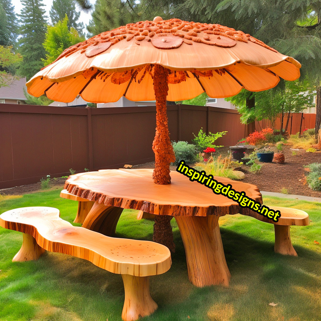 Tree and Mushroom Shaped Picnic Table and Umbrella Sets