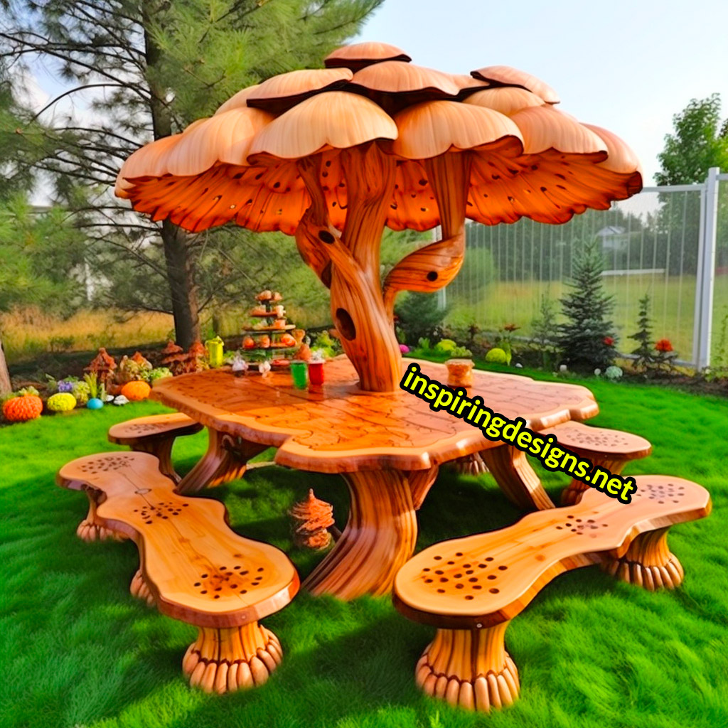 Tree and Mushroom Shaped Picnic Table and Umbrella Sets