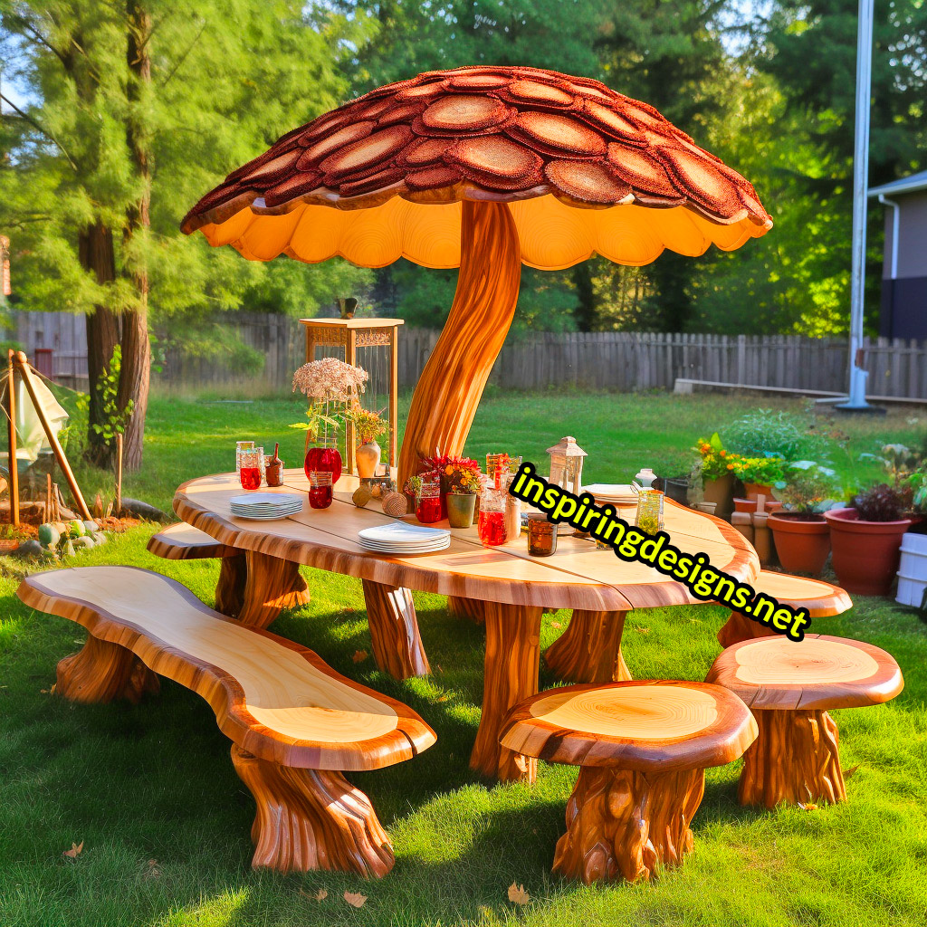 Tree and Mushroom Shaped Picnic Table and Umbrella Sets