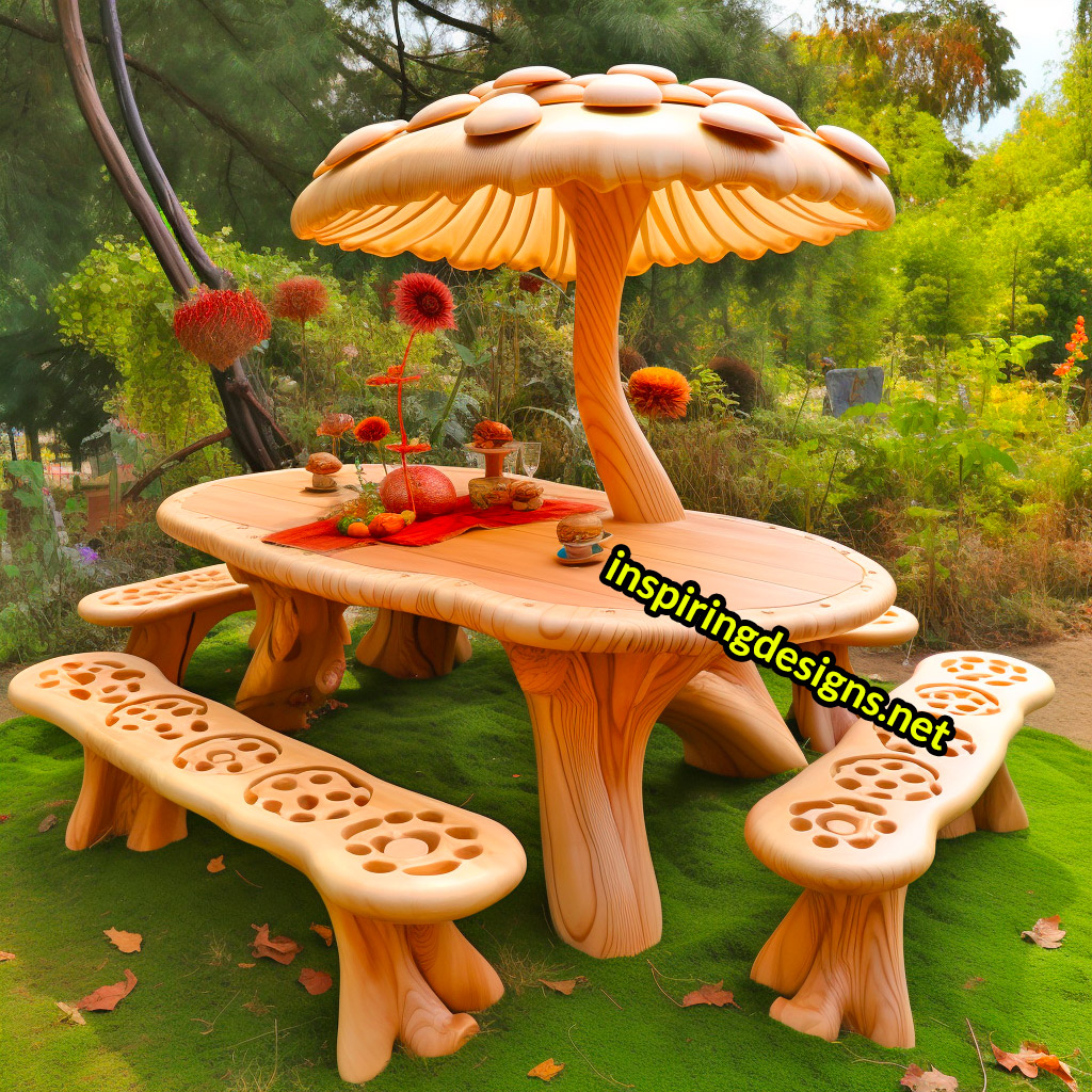 Tree and Mushroom Shaped Picnic Table and Umbrella Sets