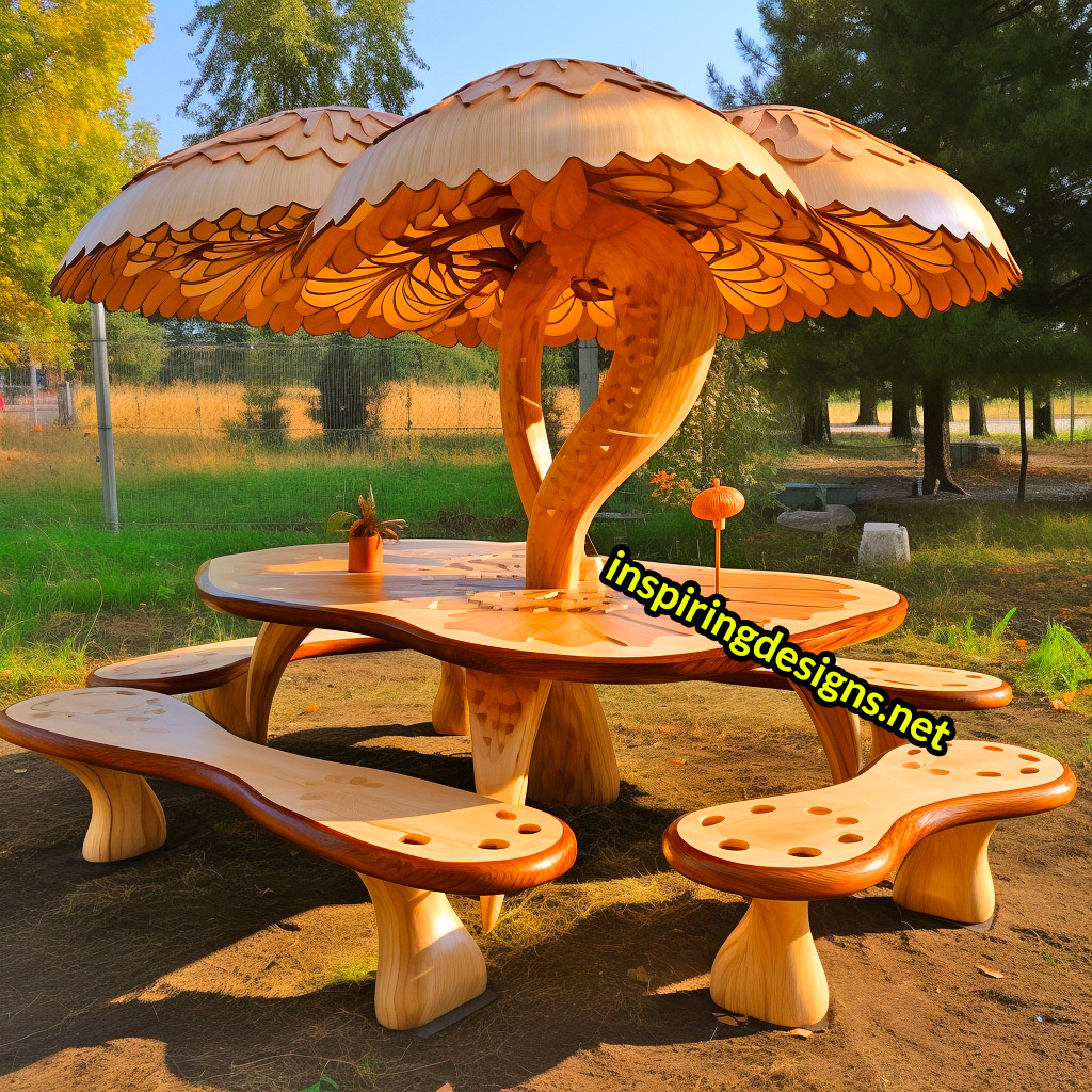 Tree and Mushroom Shaped Picnic Table and Umbrella Sets