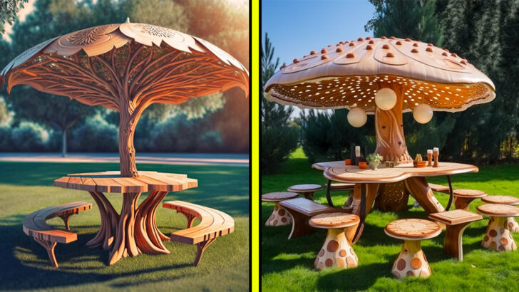 These Tree and Mushroom Shaped Picnic Table and Umbrella Sets Transform Your Patio into an Enchanted Grove
