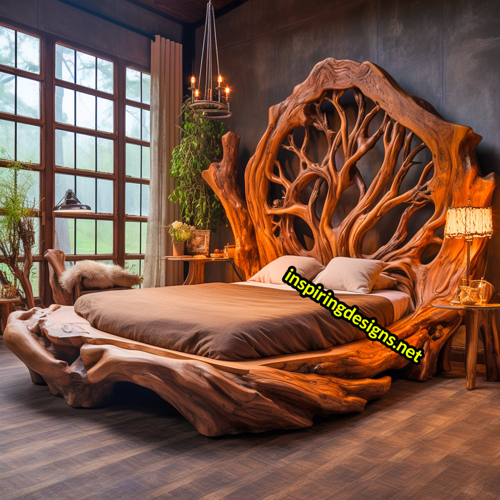 Giant Tree Beds With intricate live edge wood designs