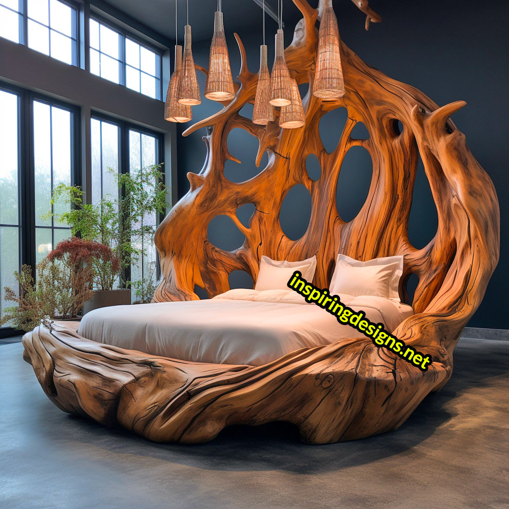 Giant Tree Beds With intricate live edge wood designs