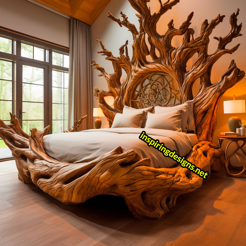 Giant Tree Beds With intricate live edge wood designs