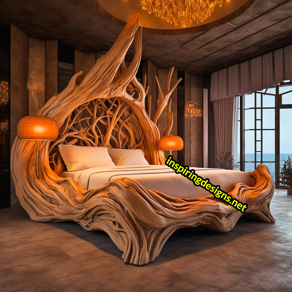 Giant Tree Beds With intricate live edge wood designs