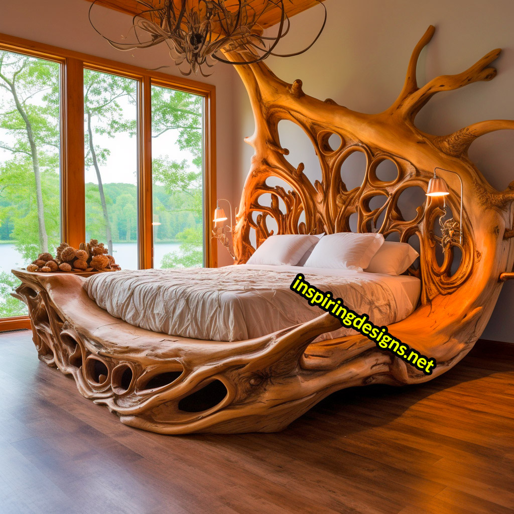 Giant Tree Beds With intricate live edge wood designs