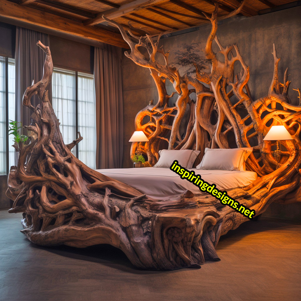 Giant Tree Beds With intricate live edge wood designs