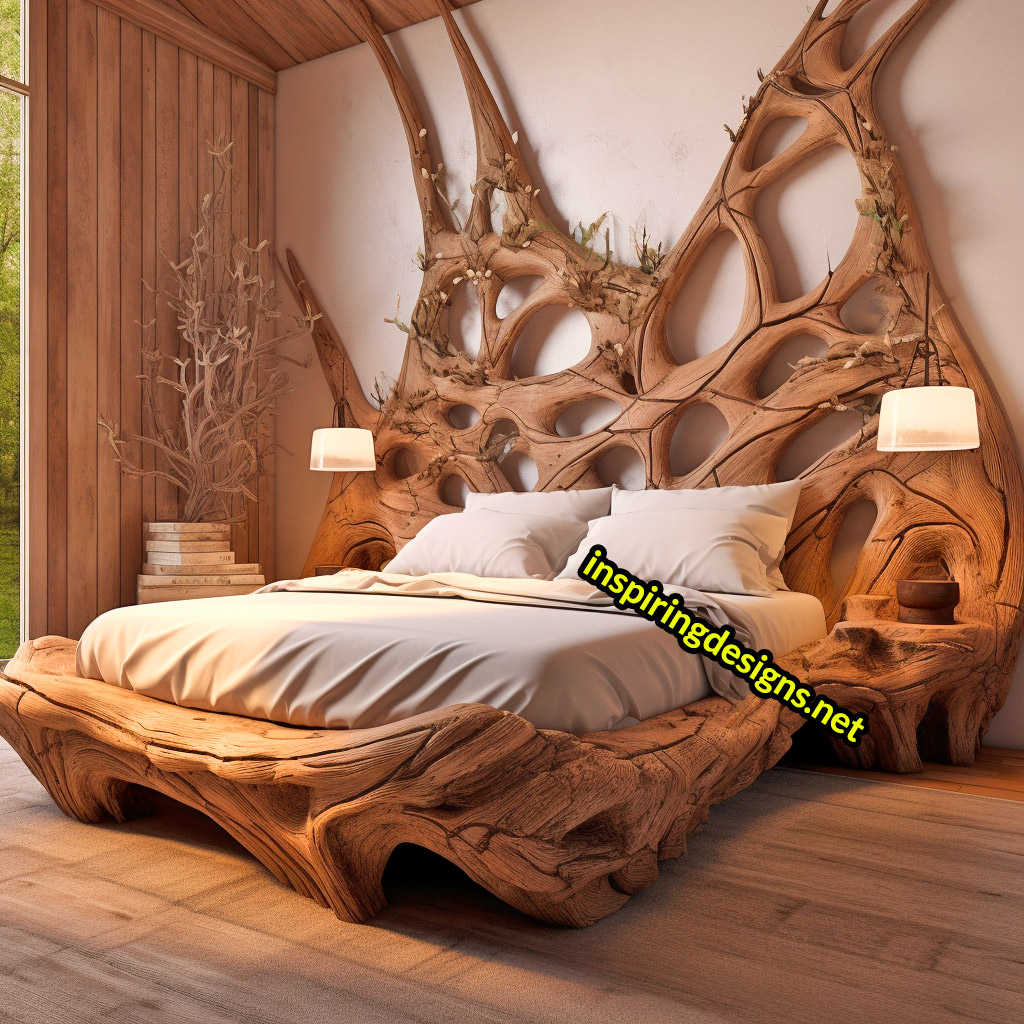 Giant Tree Beds With intricate live edge wood designs