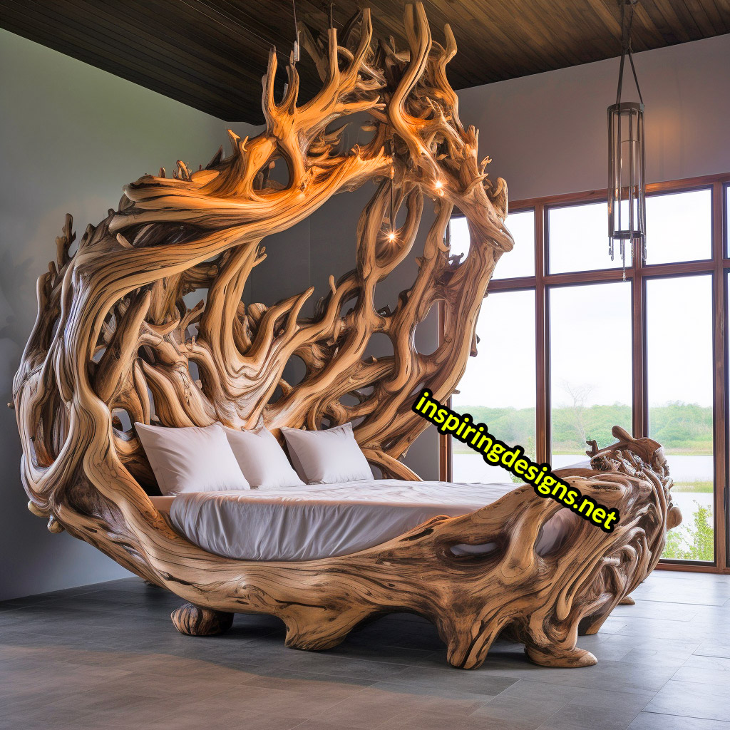 Giant Tree Beds With intricate live edge wood designs