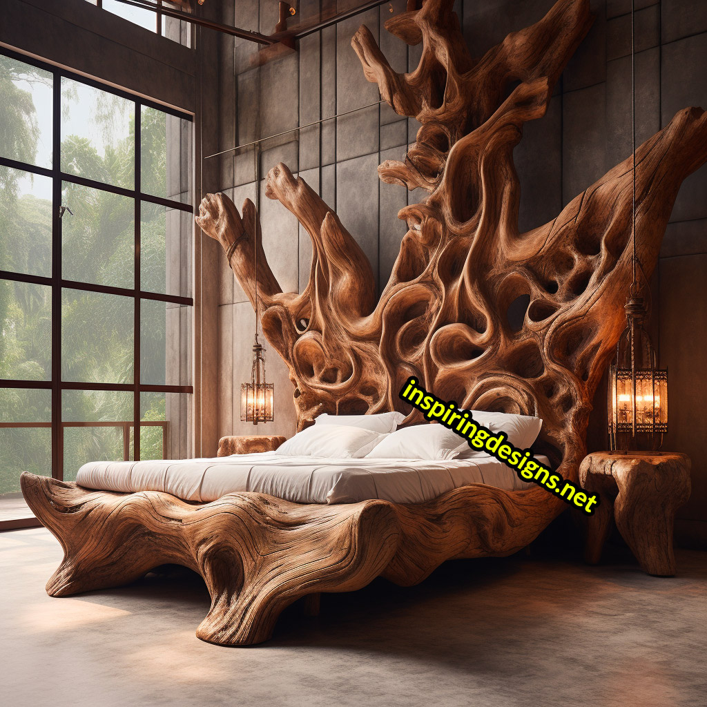 Giant Tree Beds With intricate live edge wood designs