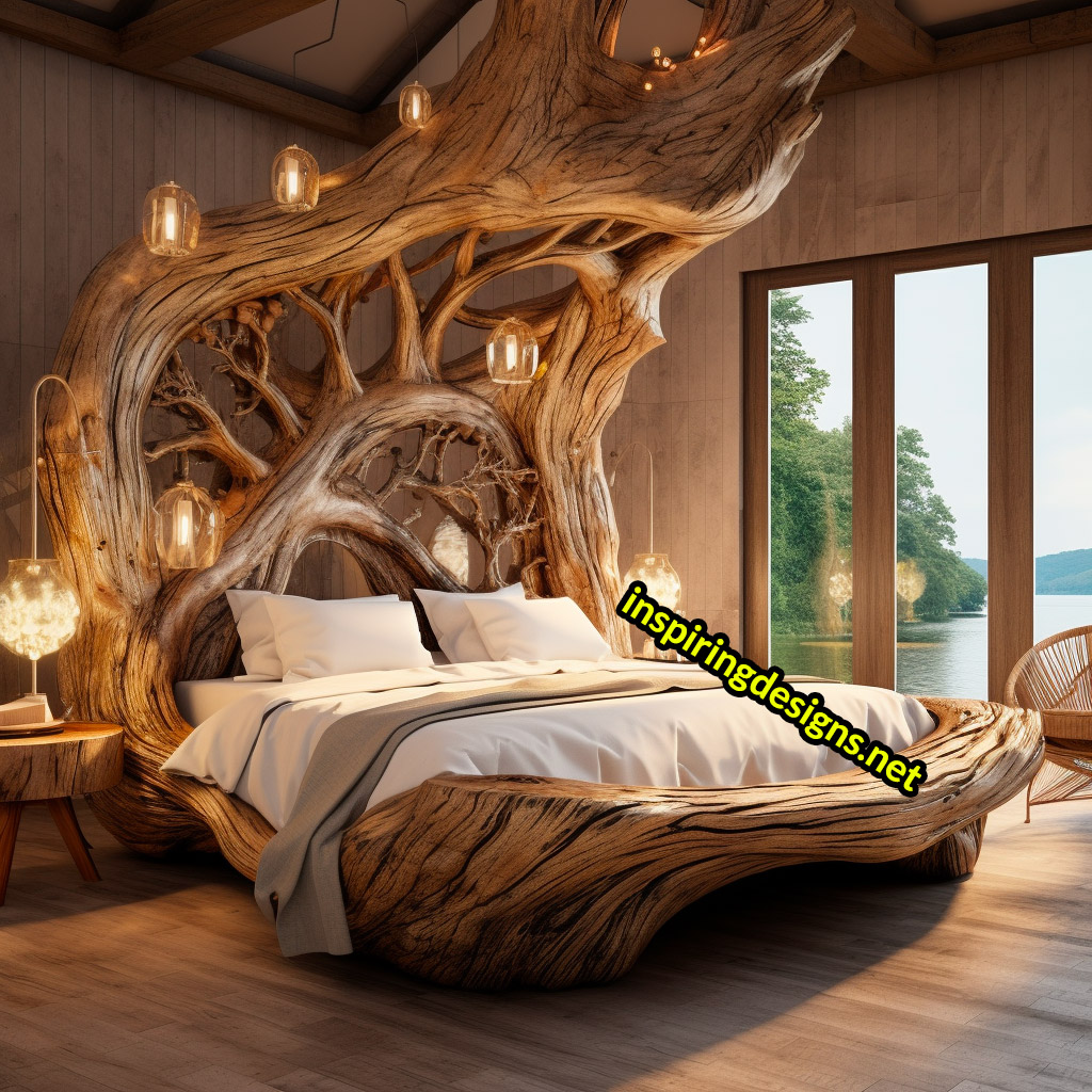 Giant Tree Beds With intricate live edge wood designs