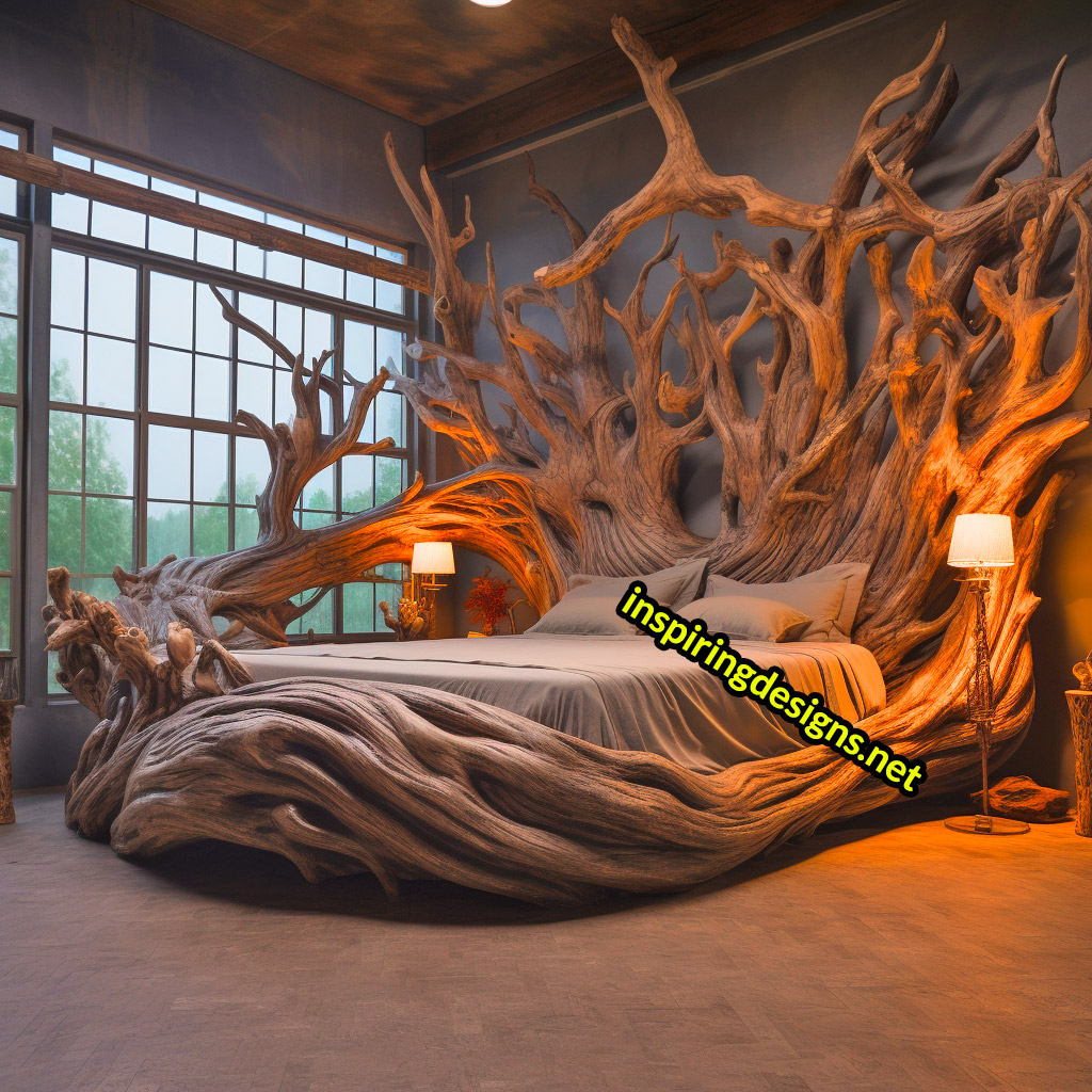 Giant Tree Beds With intricate live edge wood designs