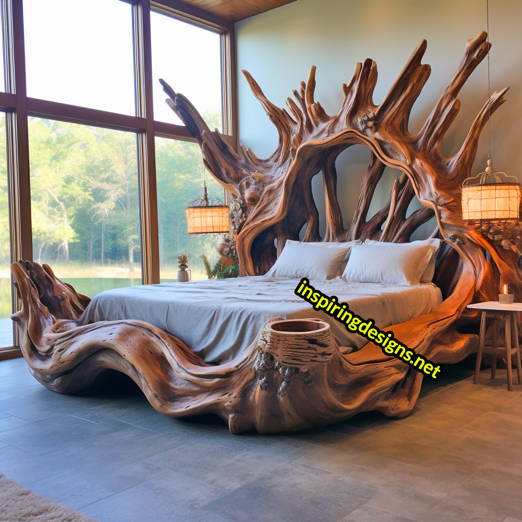 Giant Tree Beds With intricate live edge wood designs